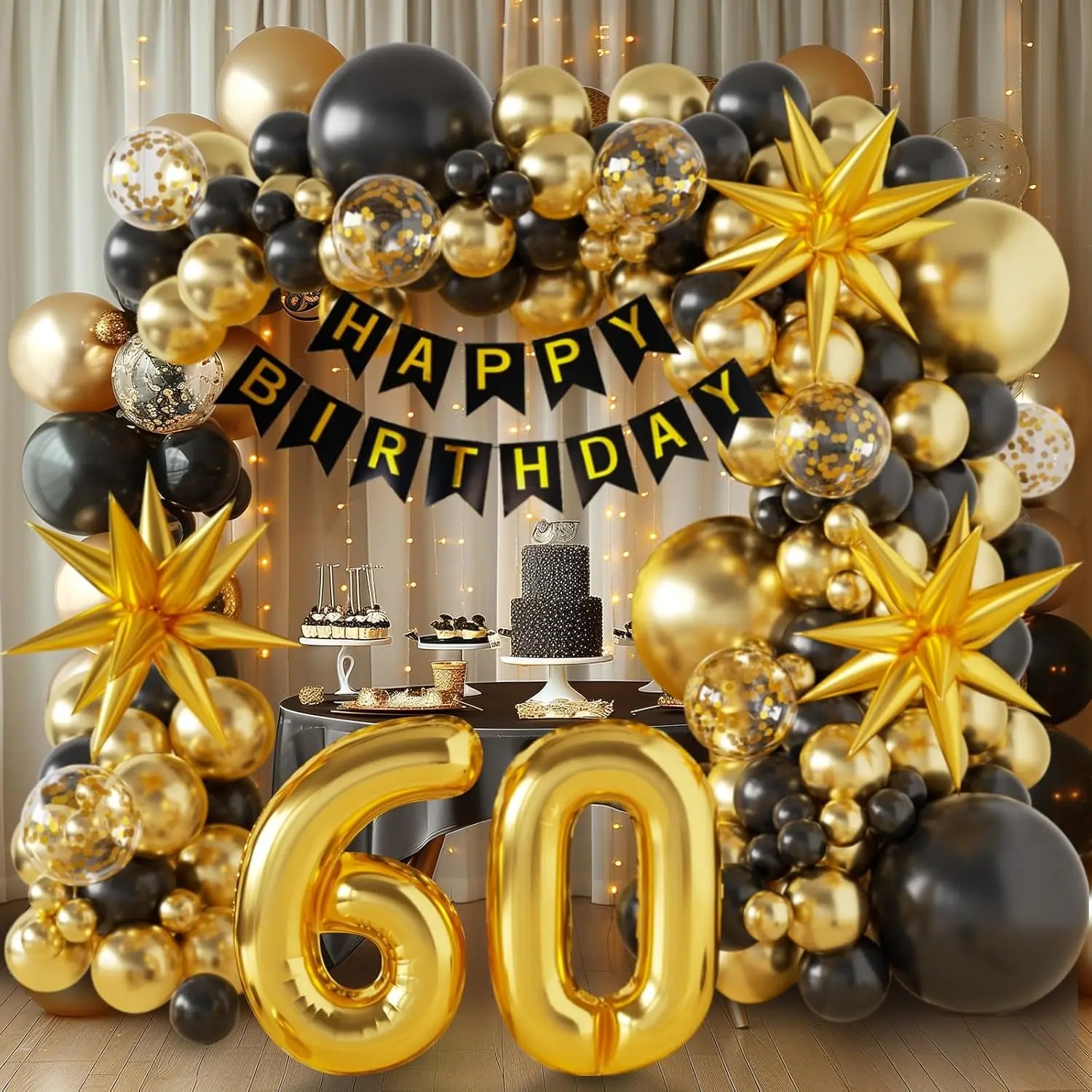 Party Banner Gold - 40/50/60번째 생일 장식, 블랙 골드 풍선
