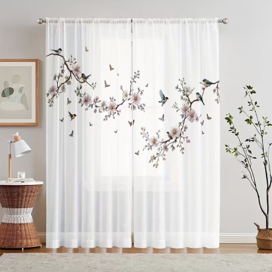 Flower Wall Panel - 2PCS 디지털 프린트 시스루 커튼, 꽃