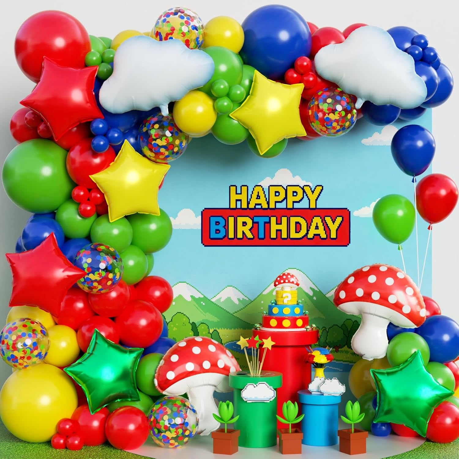 Balloon Arch Kit - 빨강 파랑 초록 노랑 구름 버섯