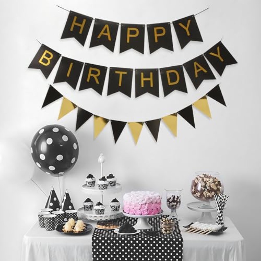 Party Banner Gold - 검정색과 금색 줄무늬 배너와 삼각형 깃발