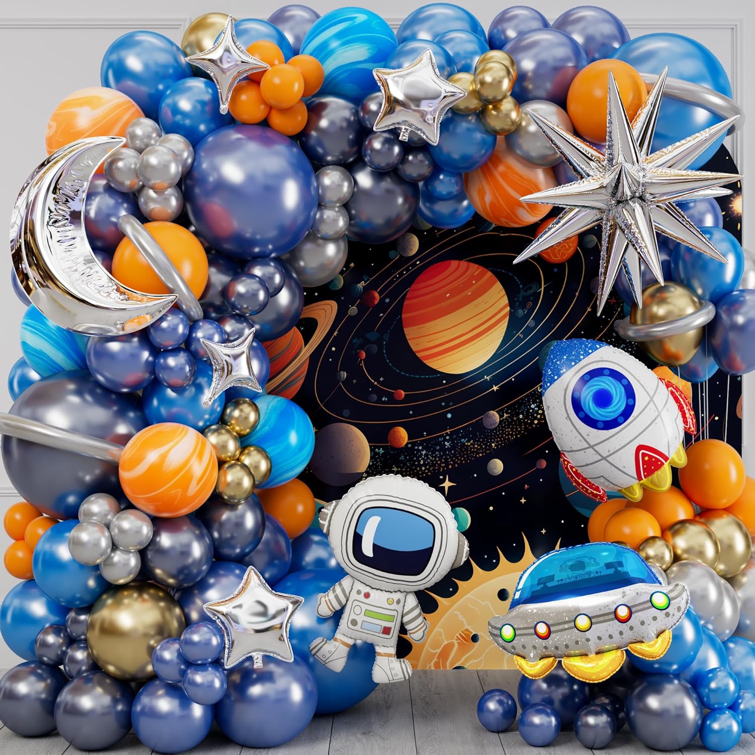 우주 공간 달로 가는 파란색 주황색 회색 우주비행사 로 - Balloon Arch Kit 리뷰 및 가격